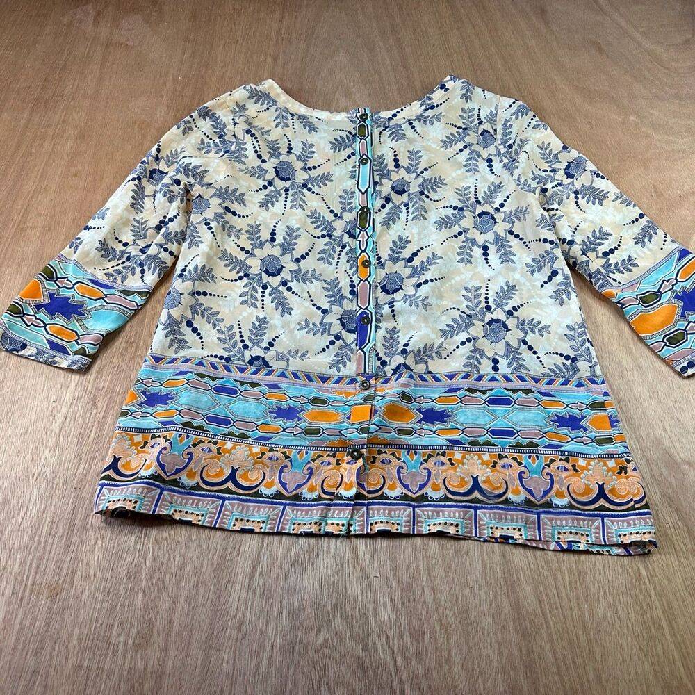 Anthro Maeve Silk Boho Button Up Blouse Tunic Top Blue Orange Womens 6